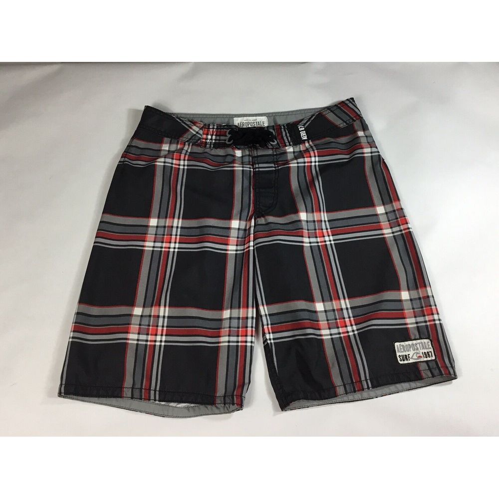 Aeropostale swimsuit board shorts Mens Size 31 black plaid Draw string